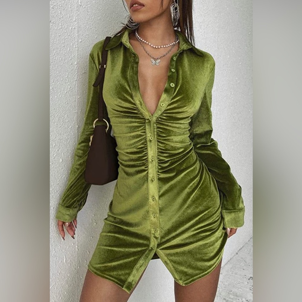 Bodycon Velvet Shirt Dress with Ruched Front